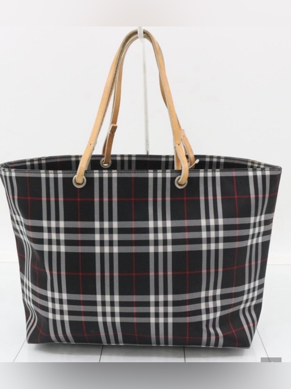 Burberry Black Plaid Tote with Tan Leather Handles